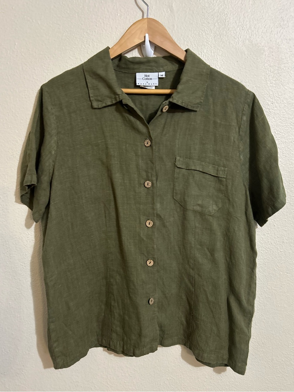 Hot Cotton Olive Green Short-Sleeve Linen Shirt Button Size Medium USA Made
